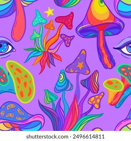 Setas mágicas mandala sin patrón.  Alucinación psicodélica. Vibrante Ilustración vectorial trippy. Arte colorido hippie de los años 60. Diseño dibujado a mano en estilo indio étnico. Diseño Abstractas de estera de yoga.