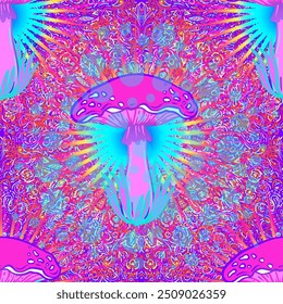Setas mágicas mandala sin patrón.  Alucinación psicodélica. Vibrante Ilustración vectorial trippy. Arte colorido hippie de los años 60. Diseño dibujado a mano en estilo étnico. Diseño abstracto místico de la estera del yoga.