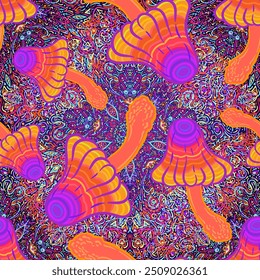 Setas mágicas mandala sin patrón.  Alucinación psicodélica. Vibrante Ilustración vectorial trippy. Arte colorido hippie de los años 60. Diseño dibujado a mano en estilo étnico. Diseño abstracto místico de la estera del yoga.