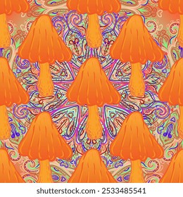 Setas mágicas mandala sin patrón. Alucinación psicodélica. Vibrante Ilustración vectorial trippy. Arte colorido hippie de los años 60. Diseño dibujado a mano en estilo indio étnico. Diseño de estera de yoga.
