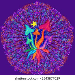 Setas mágicas mandala sin patrón. Alucinación psicodélica. Vibrante Ilustración vectorial trippy. Arte colorido hippie de los años 60. Diseño dibujado a mano en estilo indio étnico.