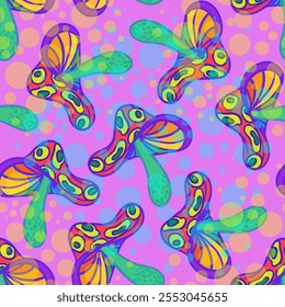 Setas mágicas mandala sin patrón. Alucinación psicodélica. Vibrante Ilustración vectorial trippy. Arte colorido hippie de los años 60. Diseño dibujado a mano en estilo indio étnico.