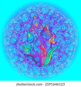 Magic mushrooms mandala seamless pattern. Psychedelic hallucination. Vibrant trippy vector illustration. 60s hippie colorful art. Hand drawn design in ethnic Indian style