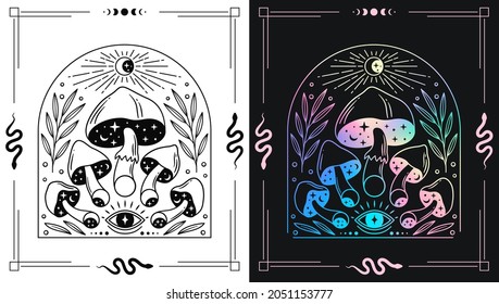 Magic mushrooms with moon phases and all seeing eye for esoteric theme designs. Black and white and holographic gradient poster.