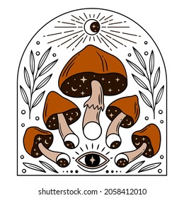 Magic mushrooms and moon phases for esoteric theme designs. Color vector illustration.