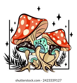 Magic mushrooms with moon and stars for esoteric theme. Hand drawn red and blue mushrooms. Vector drawing for t-shirts, mugs, bags, postcards design.