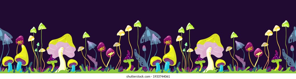 Magic mushrooms - mystery landscape of secret forest, seamless border.