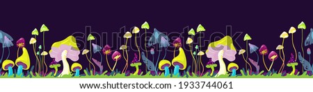 Magic mushrooms - mystery landscape of secret forest, seamless border.