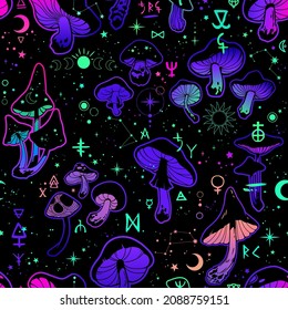 magic mushrooms with occult symbols seamless pattern