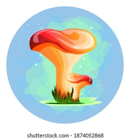 Magic mushrooms on a blue background in a circle. Milk, fireflies and fog. Nice sticker.