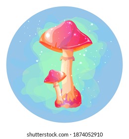 Setas mágicas sobre un fondo azul en un círculo. Boletus, luciérnagas y niebla. Bonita pegatina.