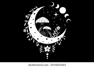 Magic mushrooms on mystical crescent moon in boho style, celestial Amanita Muscaria and Moon Phase, witchcraft symbol, witchy esoteric white logo tattoo, floral elements fungus. Esoteric wicca clipart