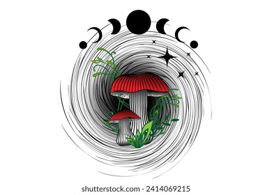 Zauberhafte Pilze auf mystischem Spiralloch im Boho-Stil, Amanita Muscaria, Mondphase, Hexenmeistersymbol, witzige, bunte Logotätowierung, Blütenpilze. Esoteric-Clipart