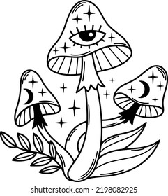 Magic mushrooms outline vector clipart. Mystical boho celestial line art mushrooms illustration