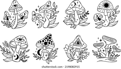 Magic mushrooms outline vector illustrations set