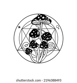 Magic Mushrooms Over Esoteric Symbol. Vector Illustration . Geometric Black And White Sign. Outline Icon For Alchemy Or Sacred Geometry. Mystic And Magic Design With Alchemy Symbols.