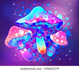 Magic mushrooms over sacred geometry. Psychedelic hallucination. Vibrant vector illustration. 60s hippie colorful art.