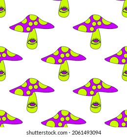 Patrón de hongos mágicos. Ilustración perfecta con hongos y ojos, colores psicodélicos brillantes. Alucinación psicodélica en hongos y ojos. Ilustración vectorial brillante. 