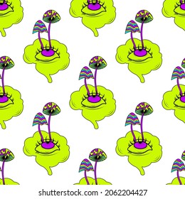 Magic mushrooms pattern. Seamless illustration with 
mushrooms, eye and human brain, bright psychedelic colors. Mushroom and Eyes Psychedelic hallucination. Bright vector illustration. 
