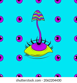 Patrón de hongos mágicos. Ilustración perfecta con hongos y ojos, colores psicodélicos brillantes. Alucinación psicodélica en hongos y ojos. Ilustración vectorial brillante. 