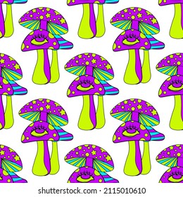 Patrón de hongos mágicos. Ilustración perfecta con hongos y ojos, colores psicodélicos brillantes. Alucinación psicodélica en hongos y ojos. Ilustración vectorial brillante. 