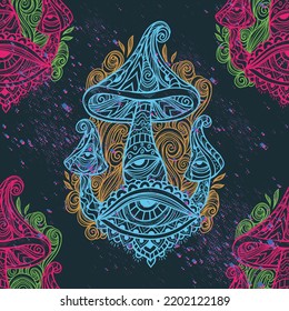 Magic Mushrooms Pattern. Vector illustration. Mushrooms hippie psychedelic style. Decorative mushrooms, esoteric objects.60s, 70s