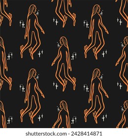Magic mushrooms, psilocybs, crescent moon, plant and stars, seamless pattern. Mystical esoteric black and gold witchcraft vector and printable image, unique boho style illustration.