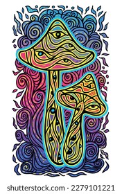 Magic Mushrooms. Psychedelic fluorescent, neon poster. Vector illustration. Zen art. Decorative mushrooms, hippie, hallucination, psilocybin. 60s, 70s, purple, black