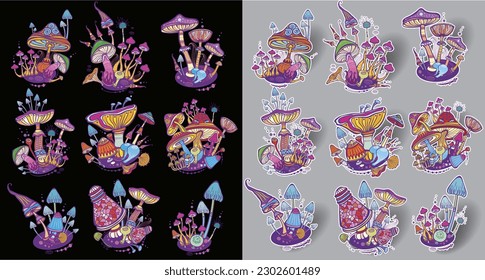 Magic mushrooms, Psychedelic hallucination art, Stickers set