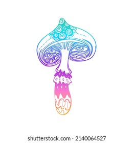 Magic mushrooms.  Psychedelic hallucination. Gradient colorful  vector illustration isolated on white. 60s trippy hippie art. 