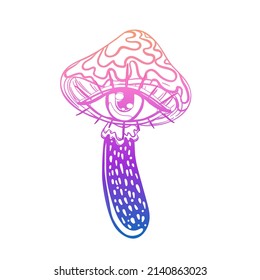 Magische Pilze.  Psychedelische Halluzinationen. Farbige, bunte Vektorgrafik einzeln auf Weiß. Trippy Hippie Art der 60er Jahre. 