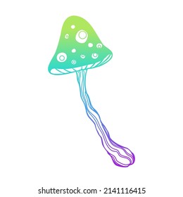 Los hongos mágicos.  Alucinación psicodélica. Ilustración vectorial de color degradado aislada en blanco. Arte hippie trippy de los años 60. 