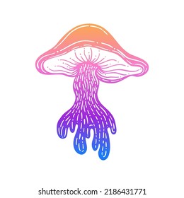 Los hongos mágicos.  Alucinación psicodélica. Ilustración vectorial de color degradado aislada en blanco. Arte hippie trippy de los años 60. 