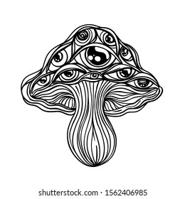Magic mushrooms.  Psychedelic hallucination. Outline vector illustration isolated on white. 60s hippie art. Coloring book for kids and adults. 