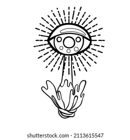 Los hongos mágicos.  Alucinación psicodélica. Ilustración del vector de contorno aislada en blanco. Arte hippie de los años 60. Libro de colorear para niños y adultos. 