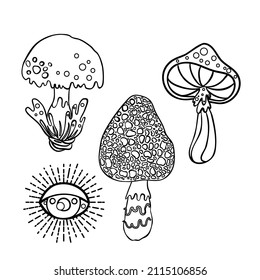 Magic mushrooms.  Psychedelic hallucination. Outline vector illustration isolated on white. 60s hippie art. Coloring book for kids and adults. 