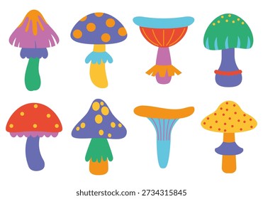 Cogumelos mágicos. Alucinação psicodélica. Conjunto de cogumelos. Coleção de cogumelos alucinógenos coloridos. Coleção de cogumelos retro groovy