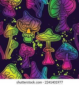 Magic mushrooms. Psychedelic hallucination vectorseamless pattern. 60s hippie and boho texture background. Ttrippy wallpaper.
