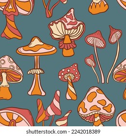 Magic mushrooms. Psychedelic hallucination vectorseamless pattern. 60s hippie and boho texture background. Ttrippy wallpaper.
