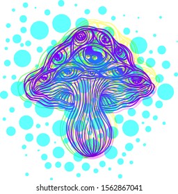 Magic mushrooms. Psychedelic hallucination. Vibrant vector illustration. 60s hippie colorful art. Decoration in ethnic boho style tattoo. Alchemy or astrology, esoteric or festive design.