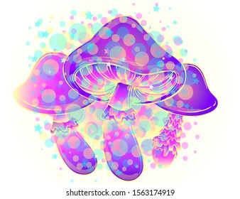 Magic mushrooms.  Psychedelic hallucination. Vibrant  vector illustration. 60s hippie colorful art.