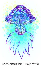 Magic mushrooms. Psychedelic hallucination. Vibrant vector illustration. 60s hippie colorful art. Decoration in ethnic boho style tattoo. Alchemy or astrology, esoteric or festive design.
