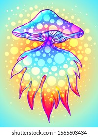 Magic mushrooms.  Psychedelic hallucination. Vibrant  vector illustration. 60s hippie colorful art.
