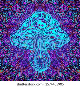 Magic mushrooms.  Psychedelic hallucination. Vibrant  vector illustration. 60s hippie colorful art.