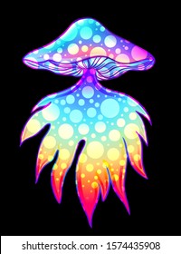 Magic mushrooms.  Psychedelic hallucination. Vibrant  vector illustration. 60s hippie colorful art.