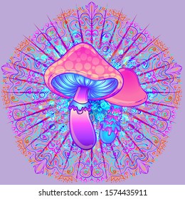 Magic mushrooms.  Psychedelic hallucination. Vibrant  vector illustration. 60s hippie colorful art.