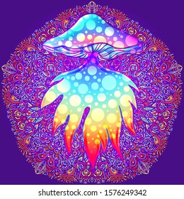 Magic mushrooms.  Psychedelic hallucination. Vibrant  vector illustration. 60s hippie colorful art.