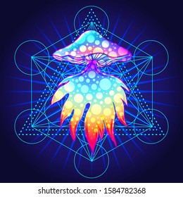 Magic mushrooms.  Psychedelic hallucination. Vibrant  vector illustration. 60s hippie colorful art.