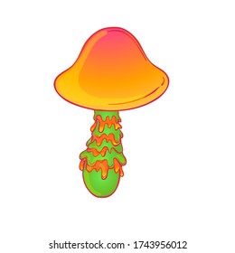 Magic mushrooms. Psychedelic hallucination. Vibrant vector illustration. 60s hippie colorful art in pink pastel goth colors isolated on white. Sticker, patch, poster graphic design.