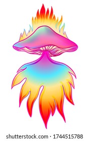 Los hongos mágicos. Alucinación psicodélica. Ilustración vectorial vibrante. Arte hippie colorido de los años 60 en tonos godos rosa pastel aislado en blanco. Pegatina, parche, diseño gráfico de afiches.